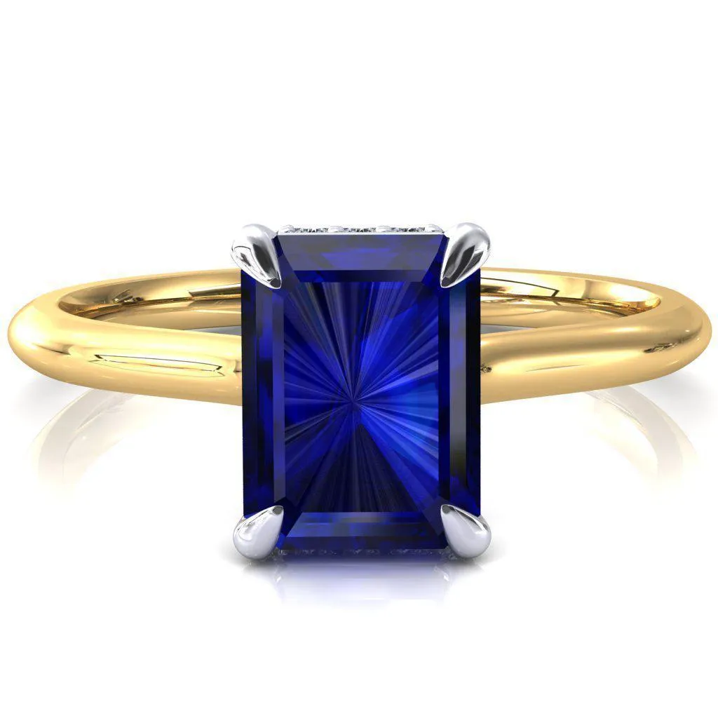 Secret Emerald Blue Sapphire 4 Prong Floating Halo Engagement Ring
