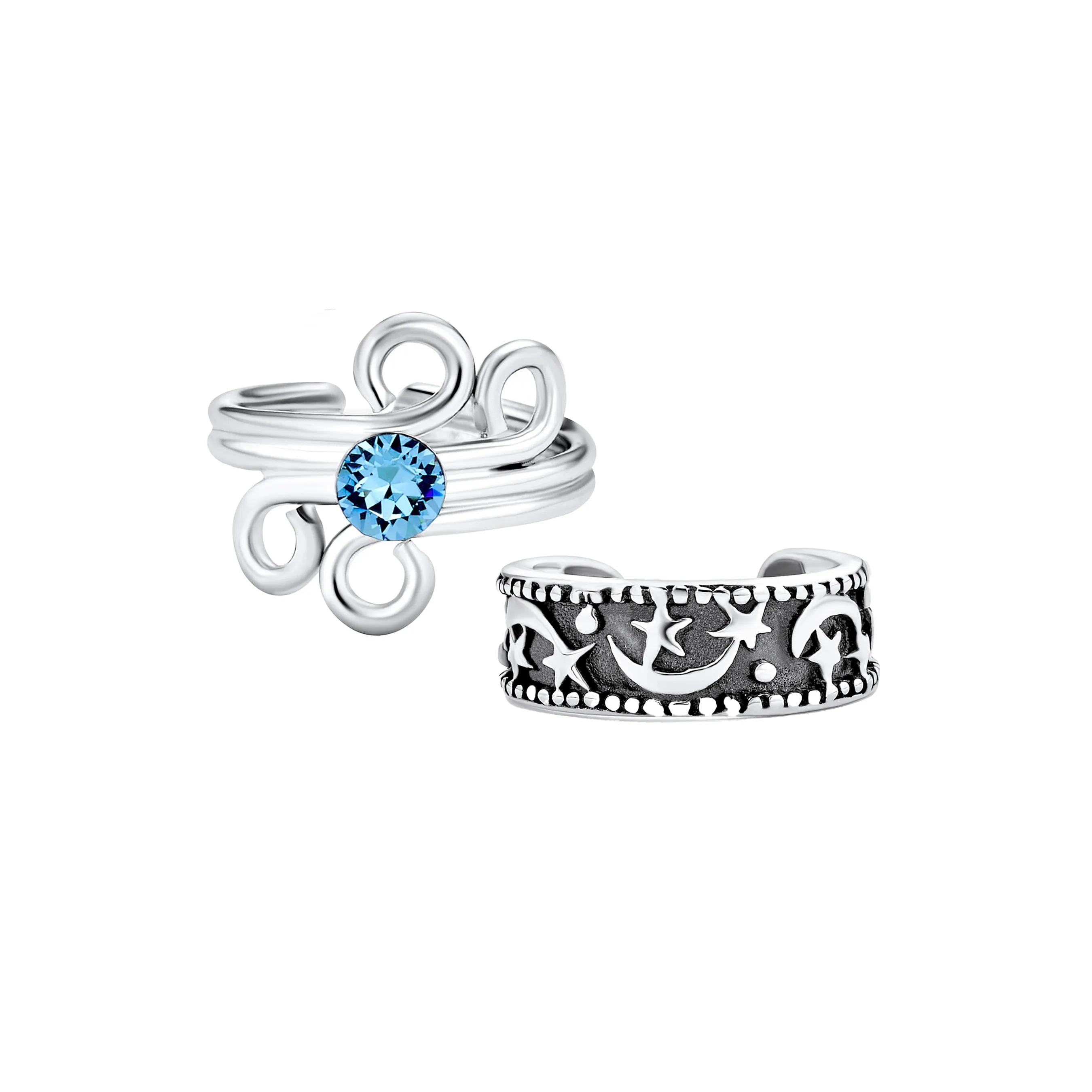 Set of 2 Blue Crystal Swirl & Celestial Moon And Stars Ear Cuff Earring Silver