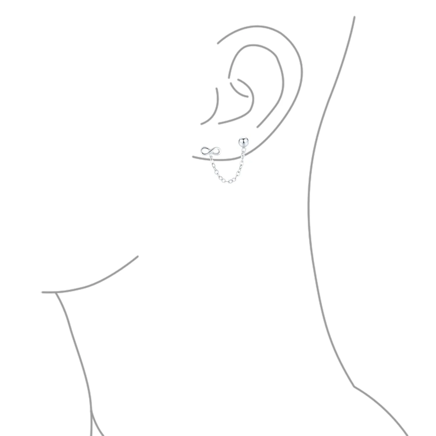 Set of 2 Love Knot Infinity Heart Ear Cuff Cartilage Chain and Stud Earrings