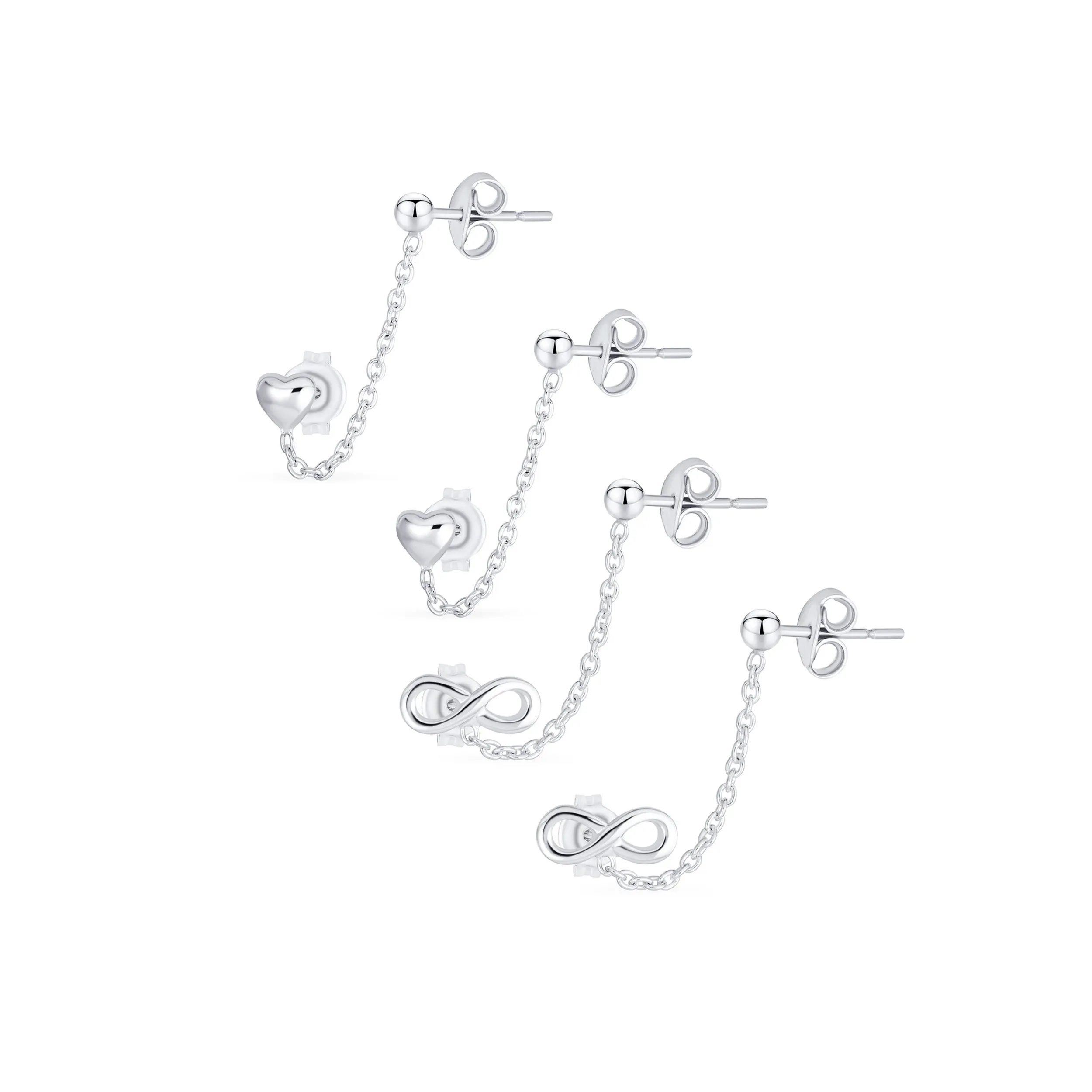 Set of 2 Love Knot Infinity Heart Ear Cuff Cartilage Chain and Stud Earrings