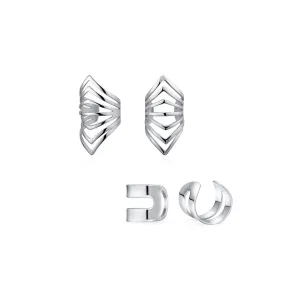 Set of 2 Tiny Chevron Ear Cuff Cartilage Clip Wrap Helix Silver For Non-Pierced