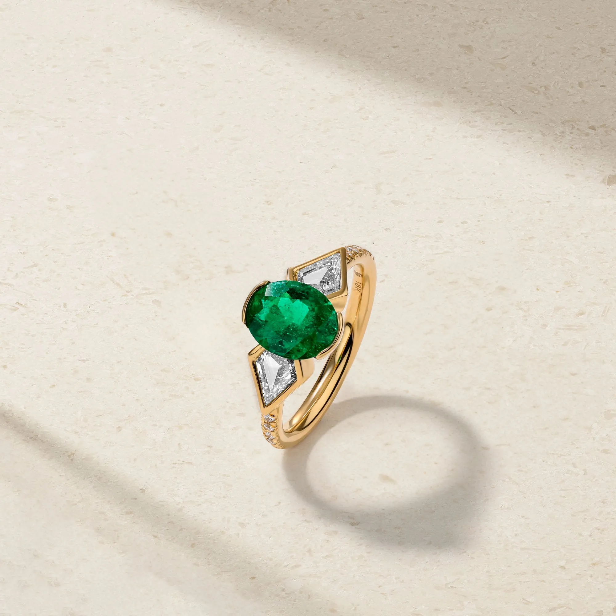 Silky Three Stone Colombian Emerald and Diamond Ring