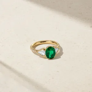 Silky Three Stone Colombian Emerald and Diamond Ring