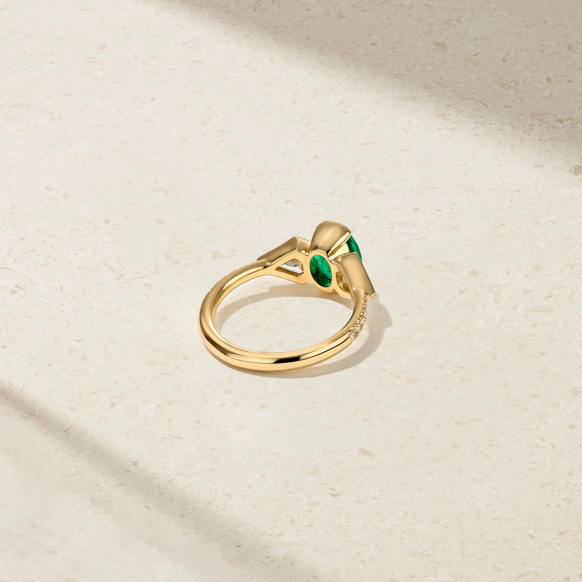 Silky Three Stone Colombian Emerald and Diamond Ring