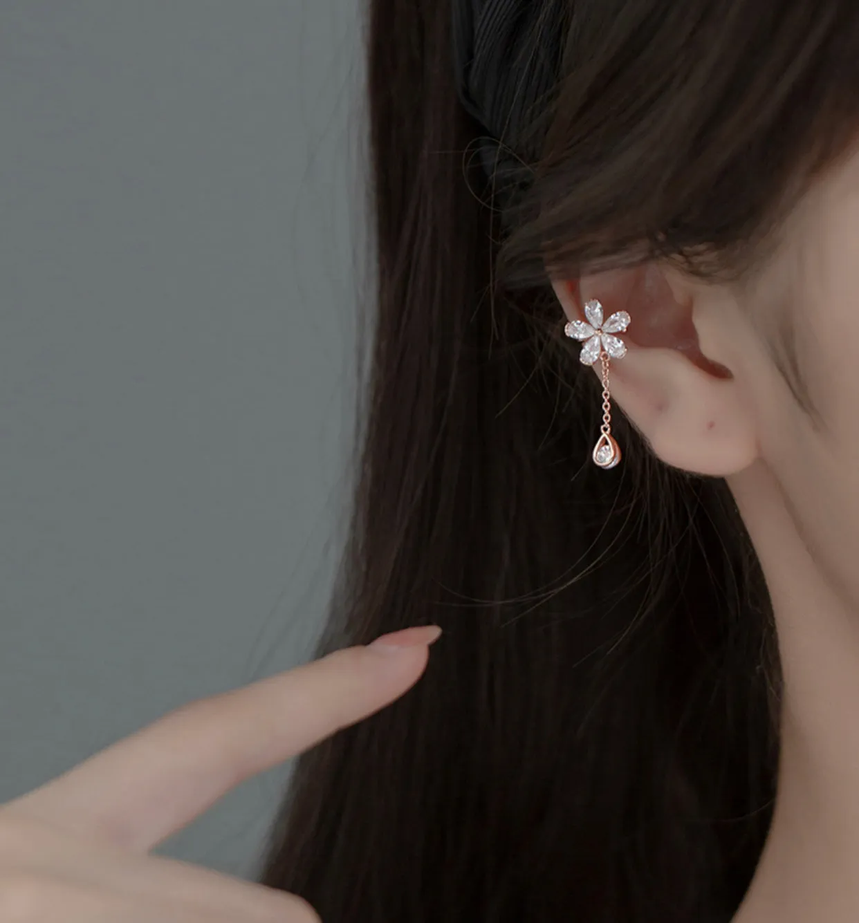 Silver Flower Cuff Tassel Earrings, No Piercing Earrings cuff-SS066