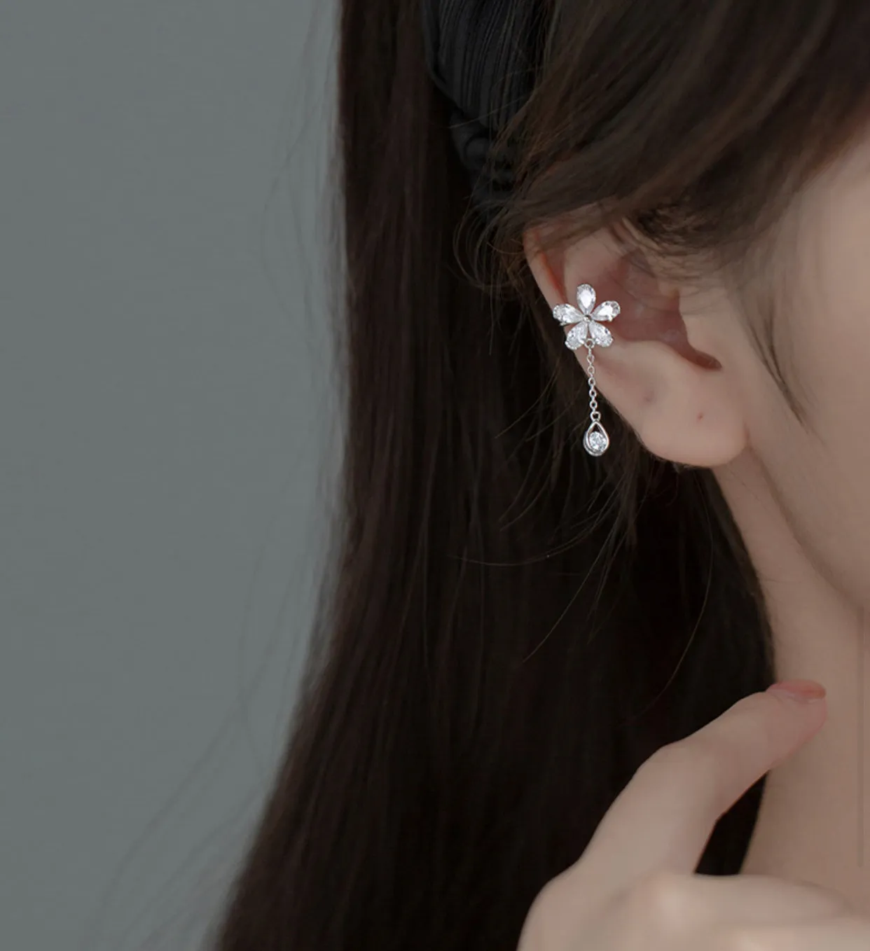 Silver Flower Cuff Tassel Earrings, No Piercing Earrings cuff-SS066