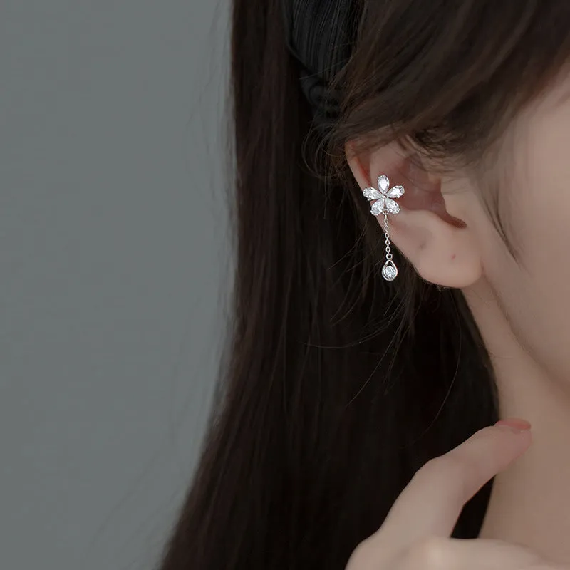 Silver Flower Cuff Tassel Earrings, No Piercing Earrings cuff-SS066