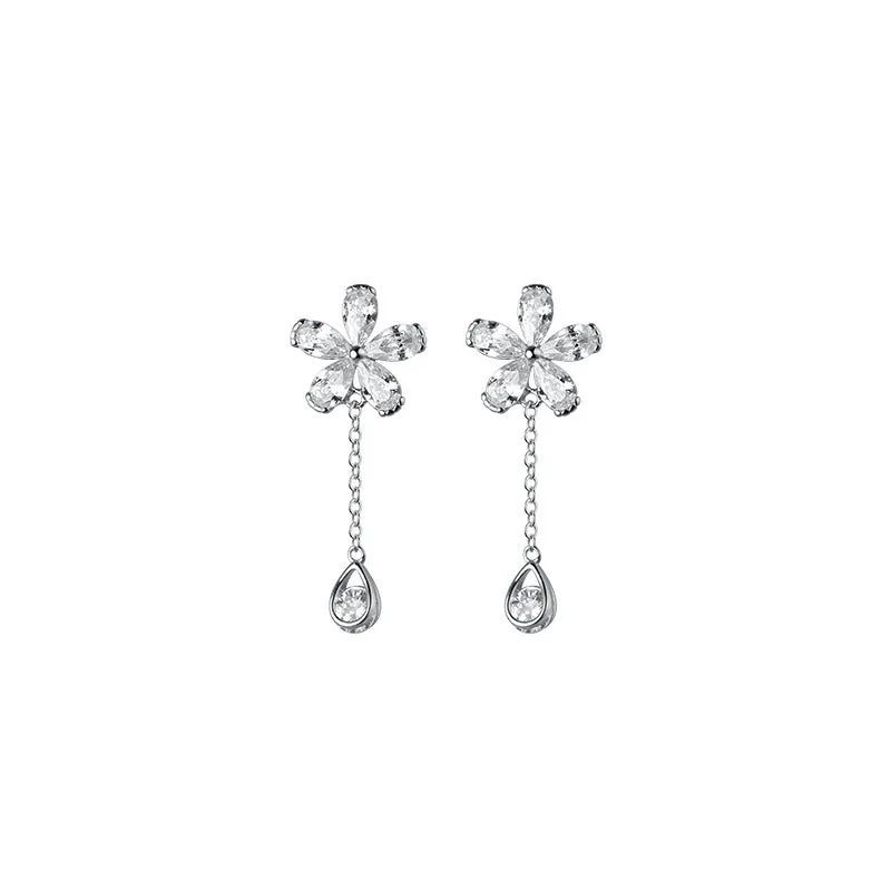 Silver Flower Cuff Tassel Earrings, No Piercing Earrings cuff-SS066