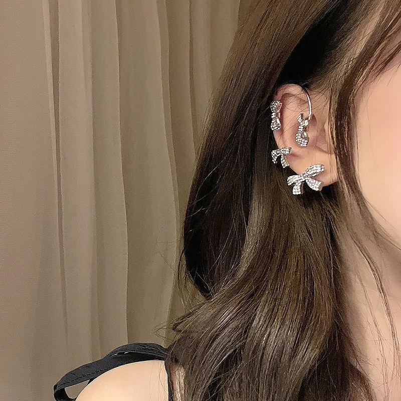 Silver Full Zircon Bow Tie Ear Clips (Pair)