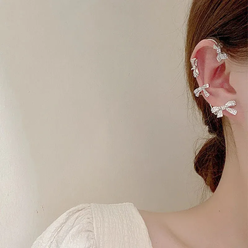 Silver Full Zircon Bow Tie Ear Clips (Pair)
