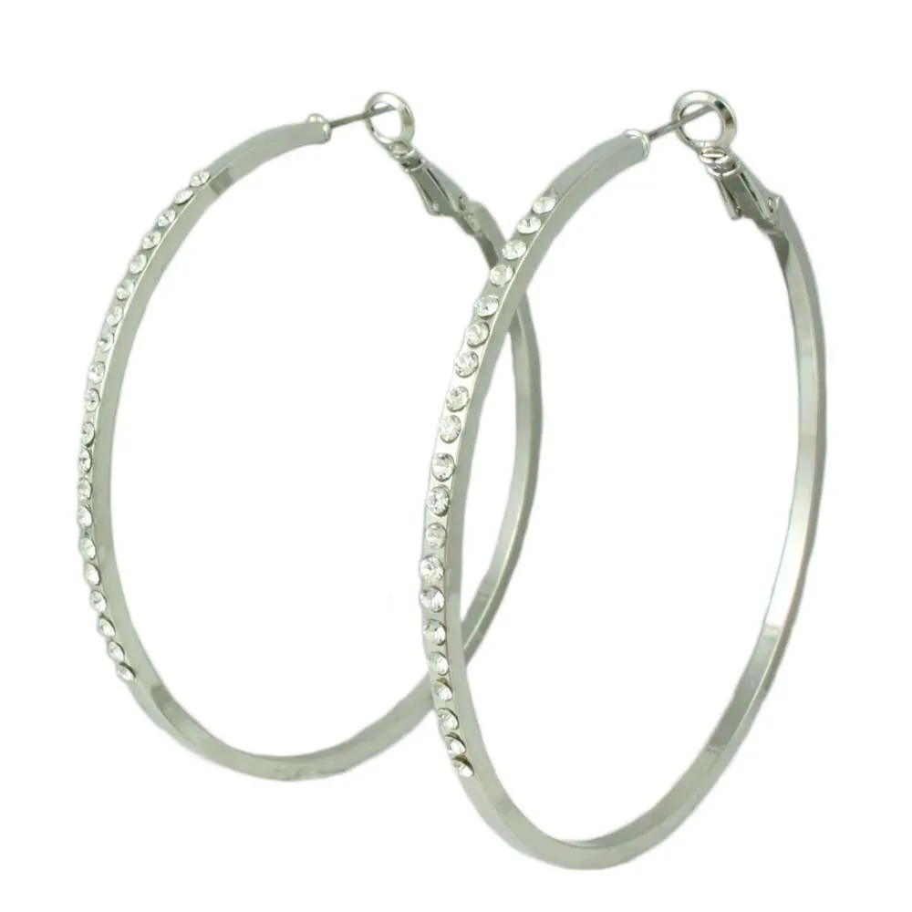 Silver-tone Crystal Studded Large Hoop Pierced Earring - REC031
