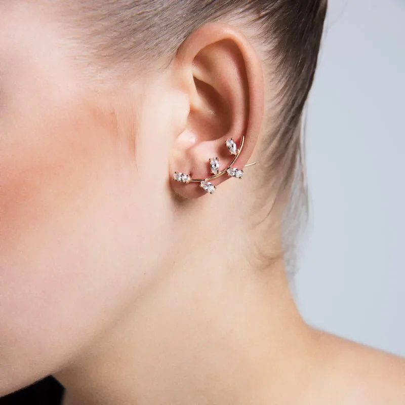 Sinful Silver CZ Crystal Ear Cuffs & Climber Earrings - Handmade, 18K Gold Plated, 0.98" Length