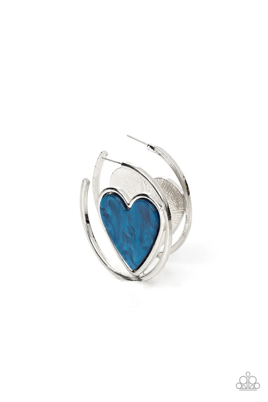 Smitten with You - Blue - Acrylic Heart Silver Paparazzi Hoop Earrings