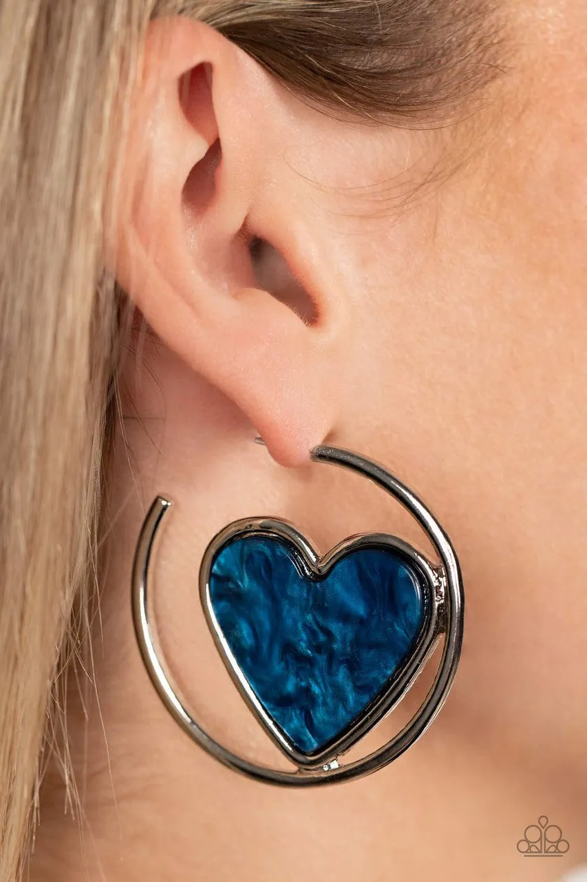 Smitten with You - Blue - Acrylic Heart Silver Paparazzi Hoop Earrings