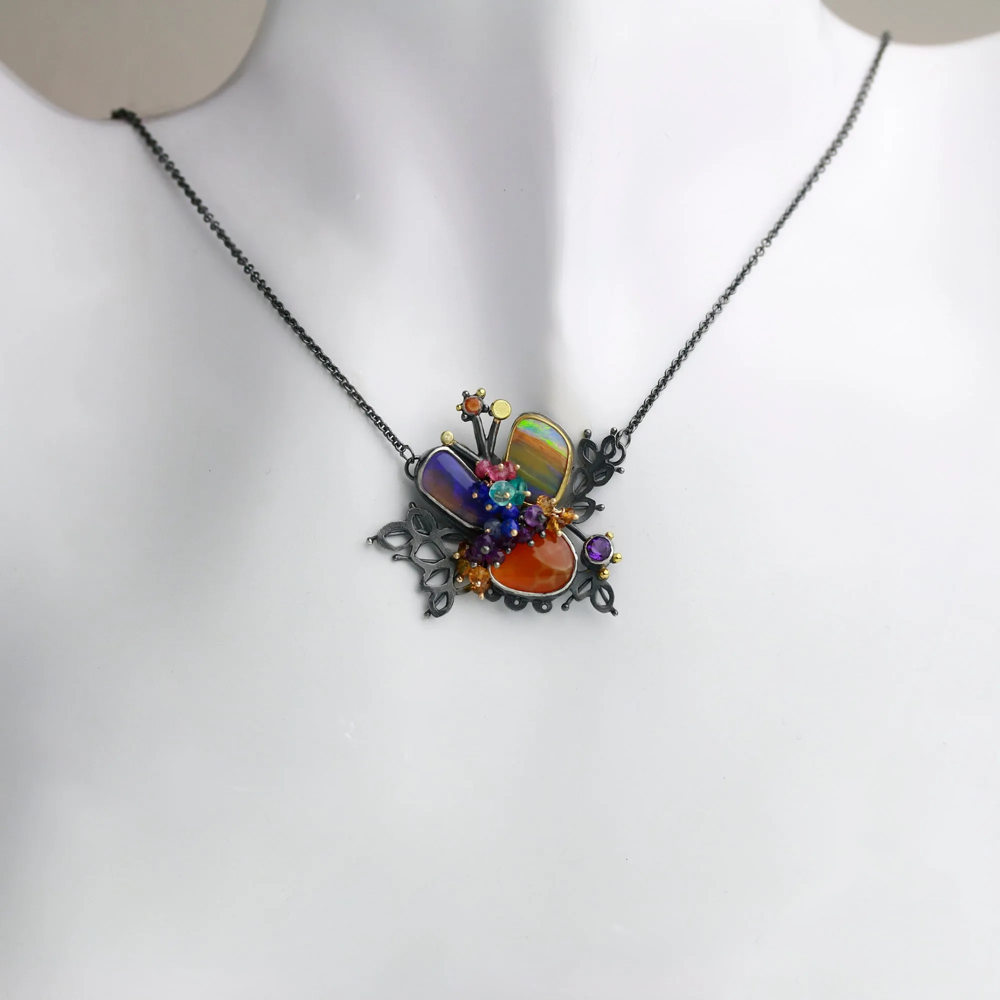 SOLD! Boulder Opal and Snakeskin Carnelian Leafy Cluster Necklace