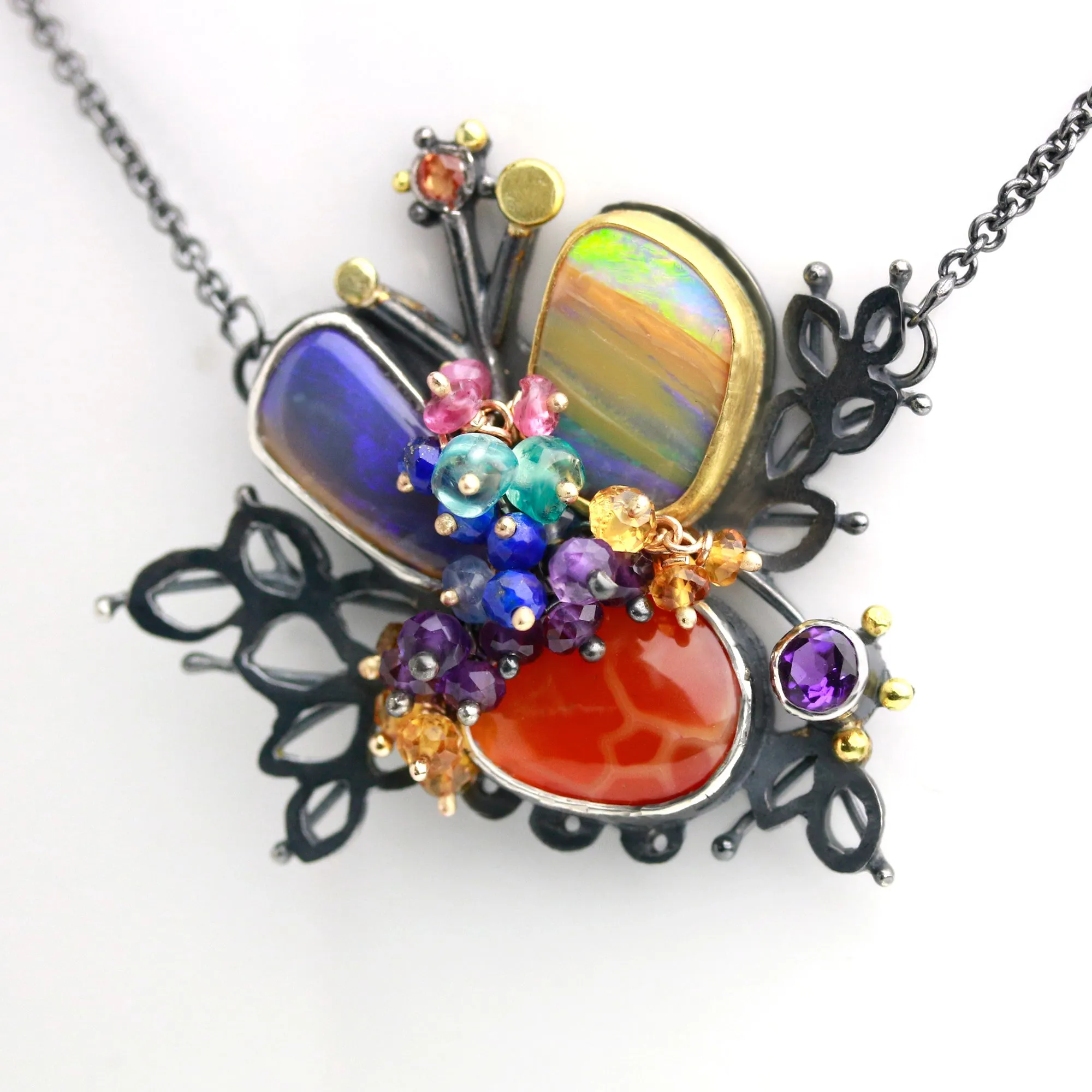 SOLD! Boulder Opal and Snakeskin Carnelian Leafy Cluster Necklace