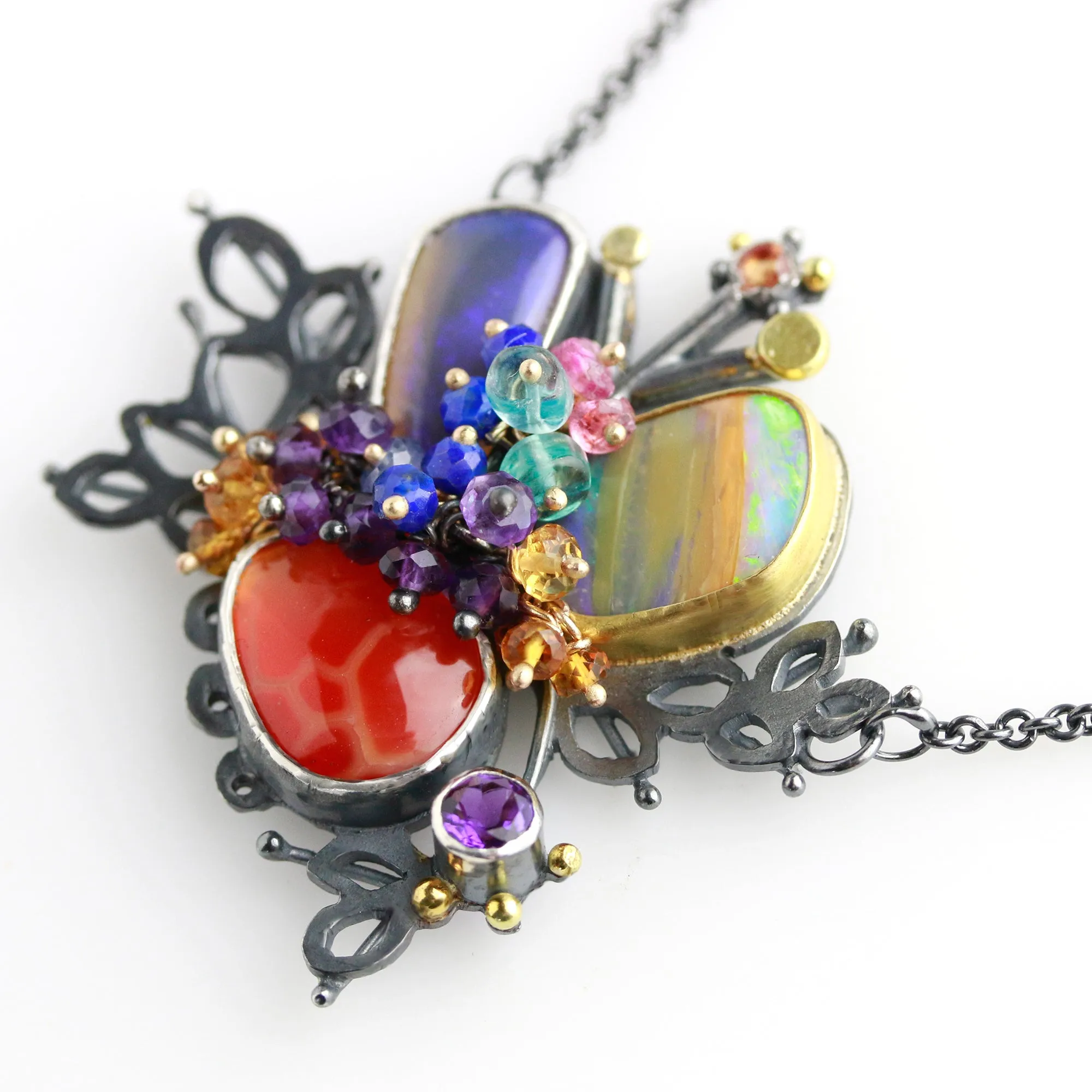 SOLD! Boulder Opal and Snakeskin Carnelian Leafy Cluster Necklace