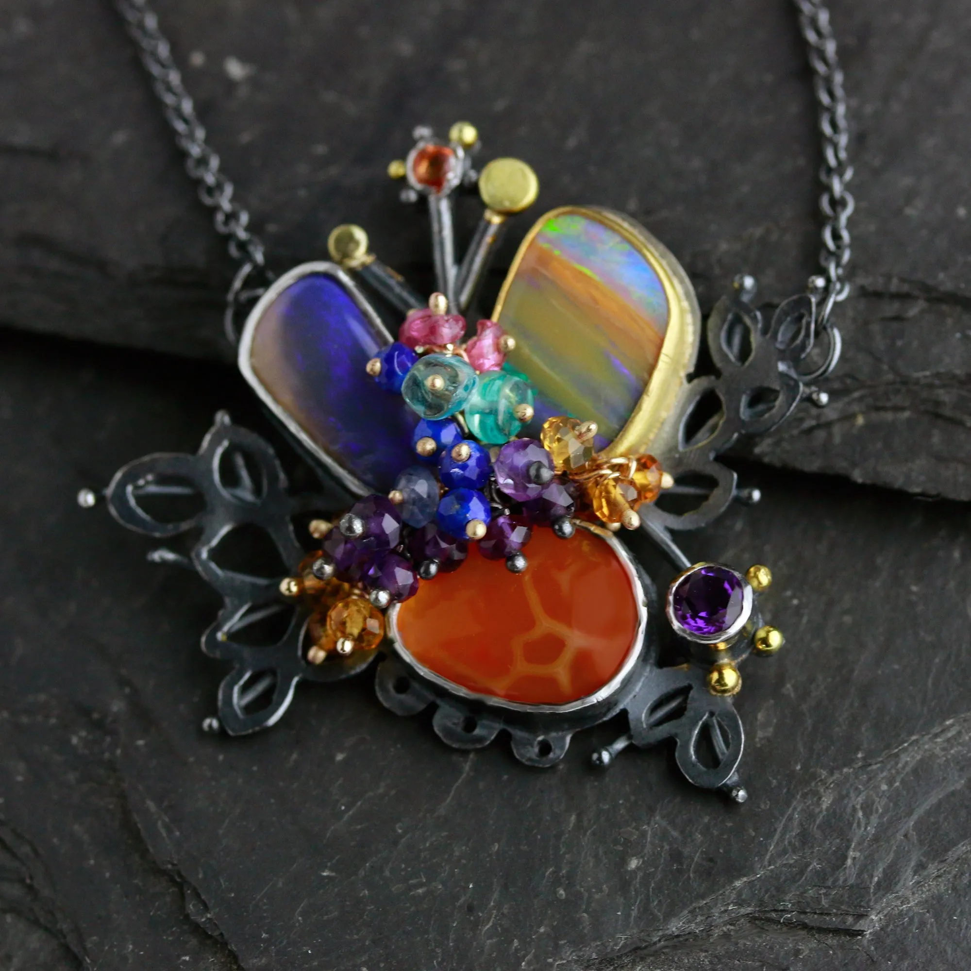 SOLD! Boulder Opal and Snakeskin Carnelian Leafy Cluster Necklace