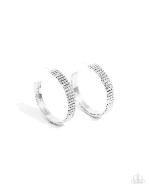 Stacked Symmetry - White - Rhinestone Encrusted Paparazzi Hoop Earrings