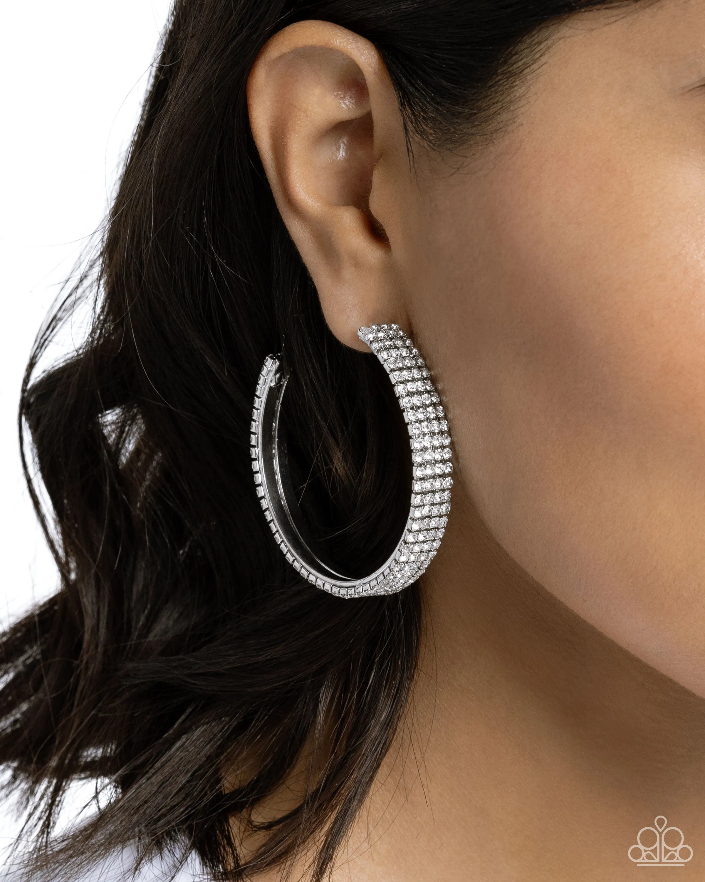 Stacked Symmetry - White - Rhinestone Encrusted Paparazzi Hoop Earrings