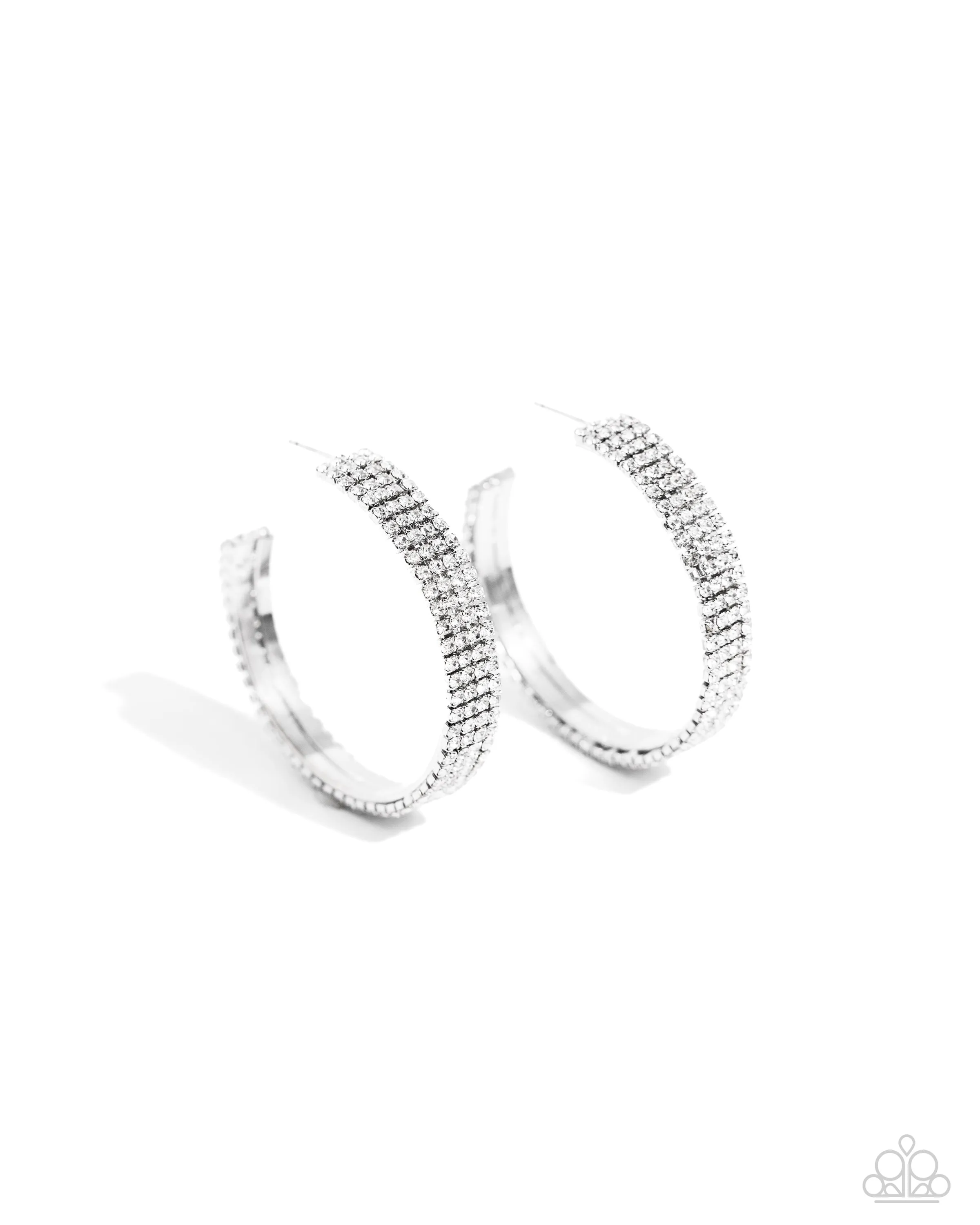 Stacked Symmetry - White - Rhinestone Encrusted Paparazzi Hoop Earrings