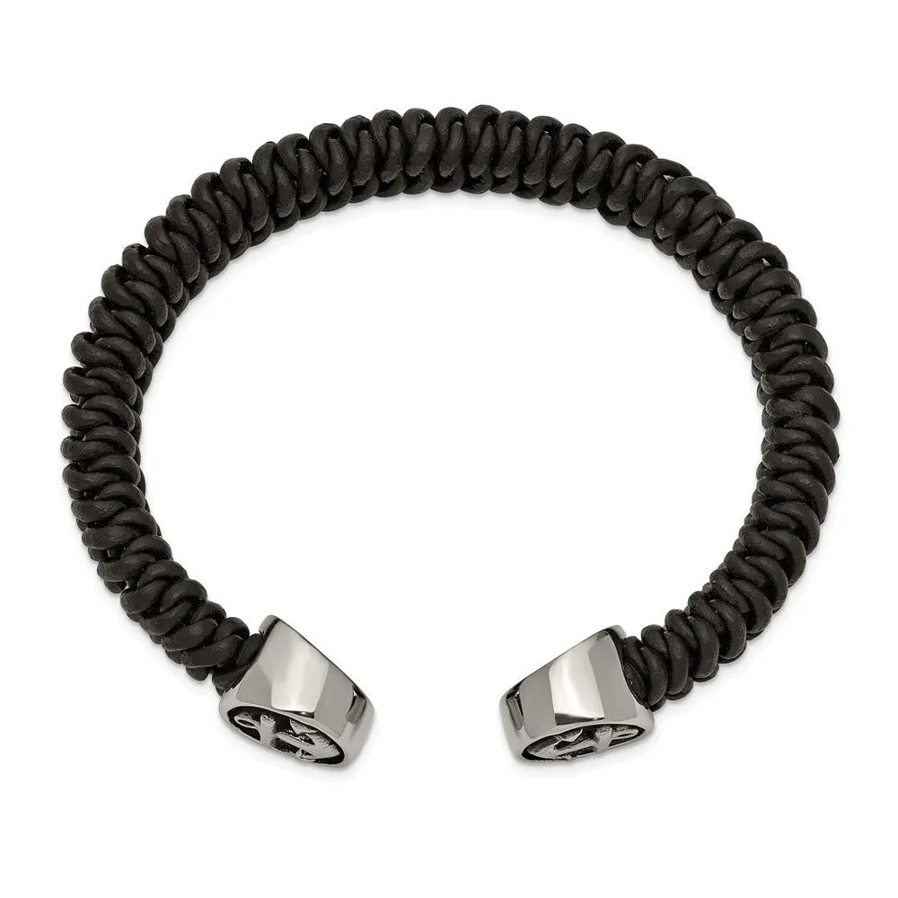 Stainless Steel Antiqued and Polished Black Leather Anchor Cuff Bracelet