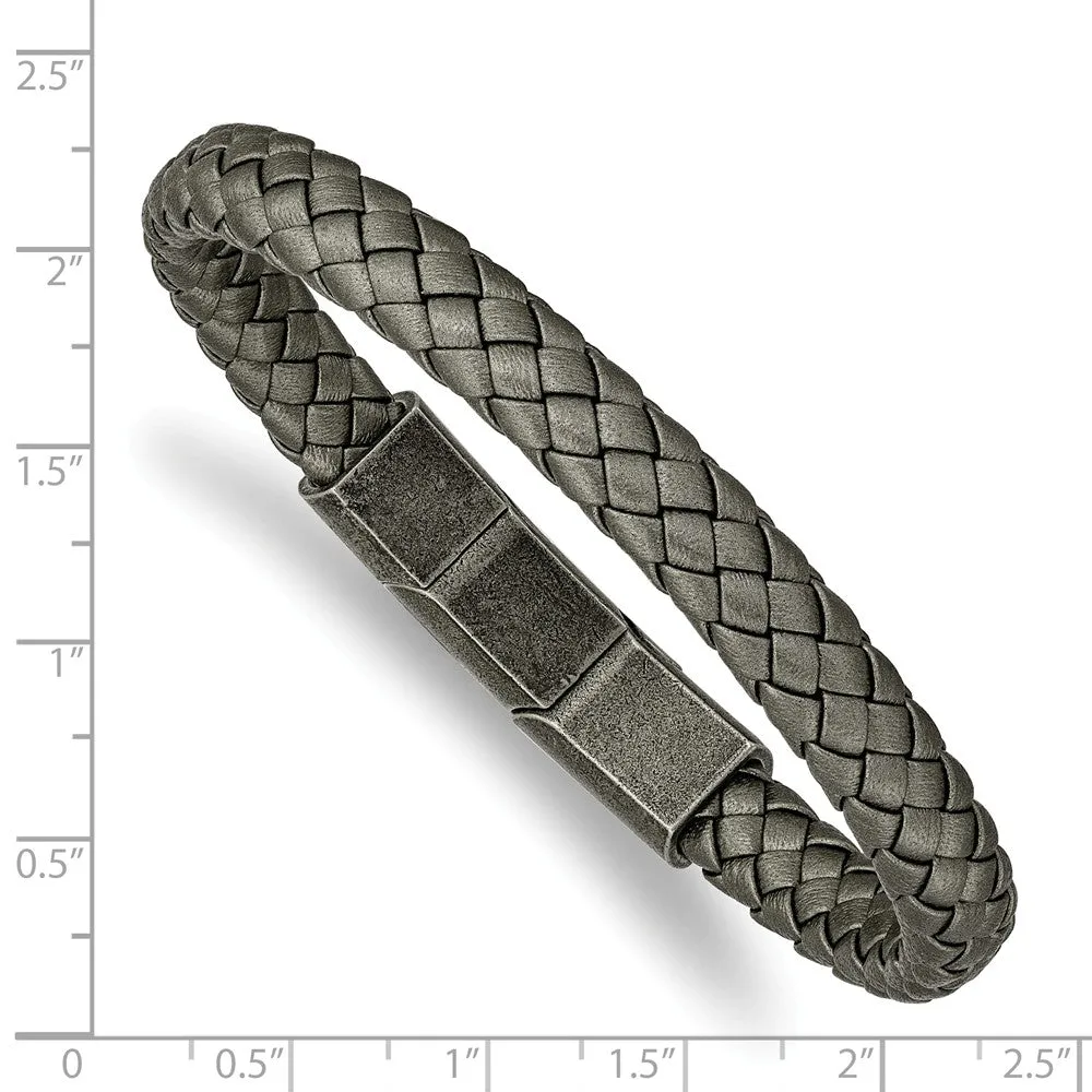 Stainless Steel Antiqued White Bronze Plated Grey Leather w/.5in ext. Brace