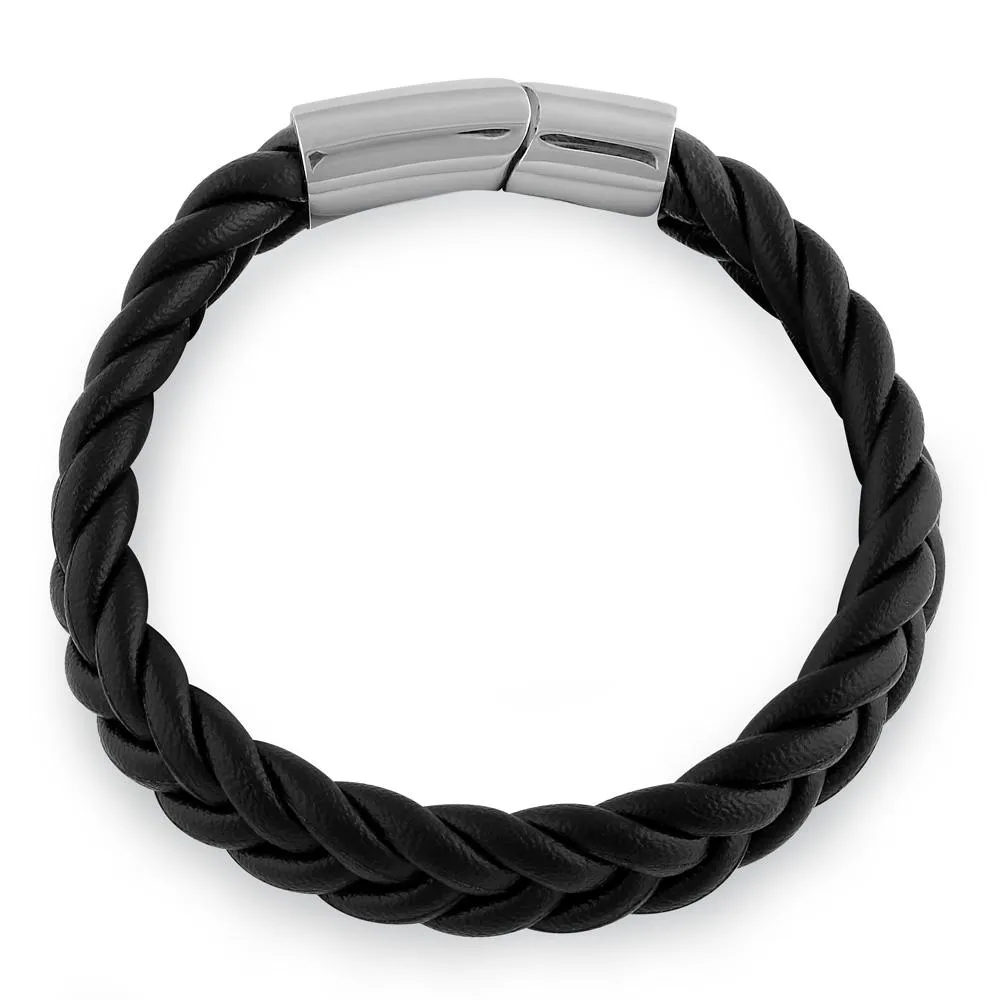 Stainless Steel Black Leather Twist Bracelet