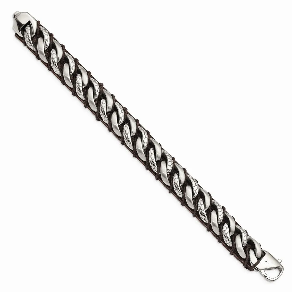 Stainless Steel Brushed Polished & Textured Brown Leather 8.5in Bracelet