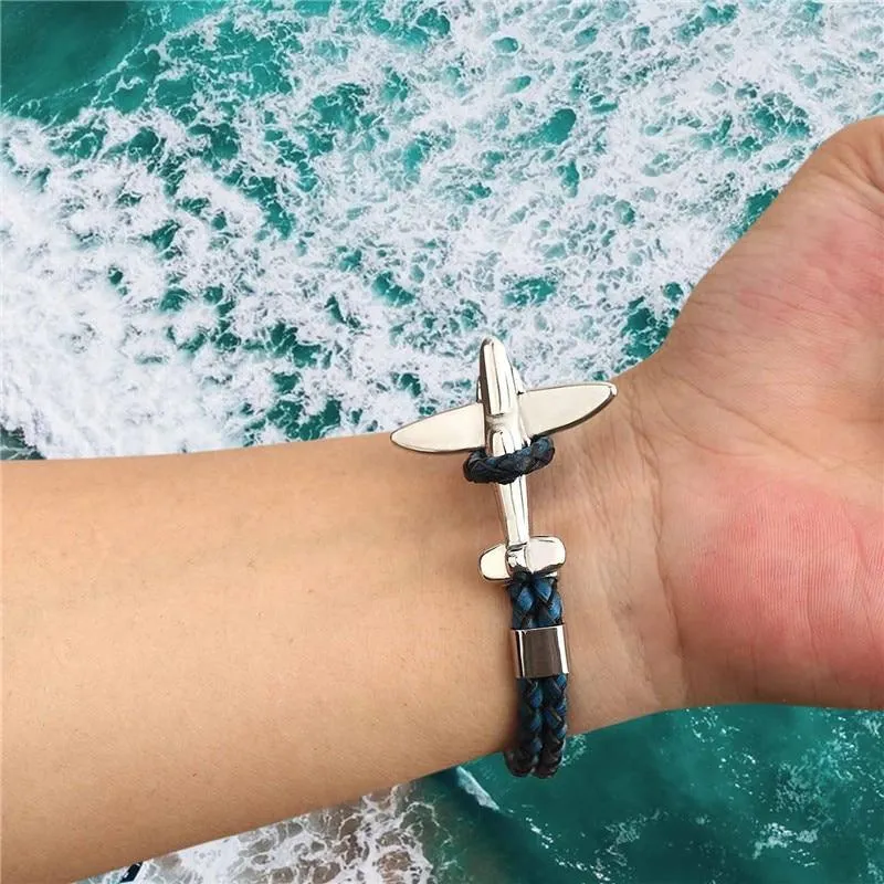 Stainless Steel Gold Aviation Airplane Anchor Bracelets For Men and Women In Retro Leather Bracelet Air Force Style Homme Jewelry Style