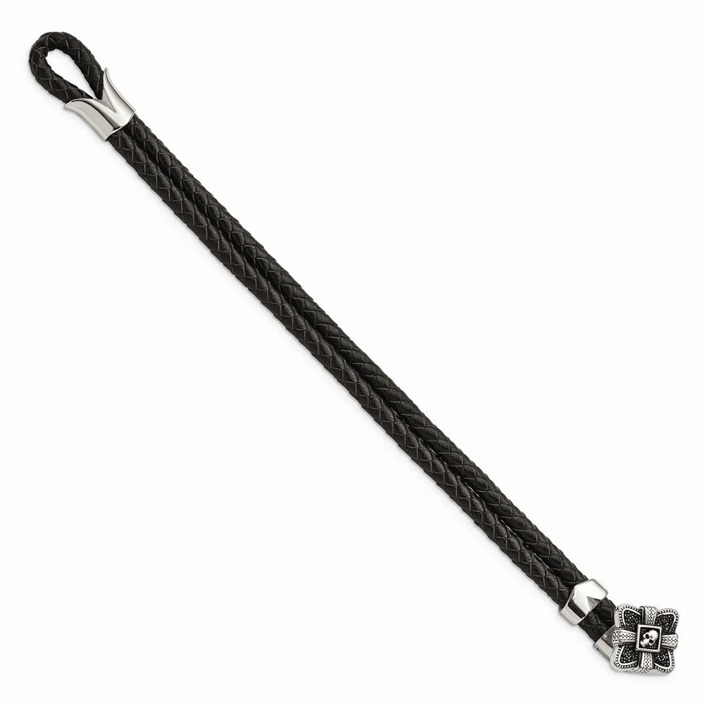 Stainless Steel Polished and Antiqued Leather Bracelet