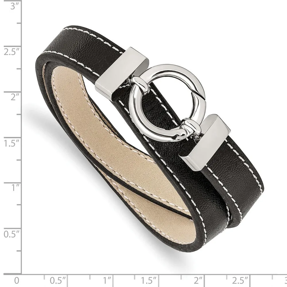 Stainless Steel Polished Black Leather Wrap Bracelet