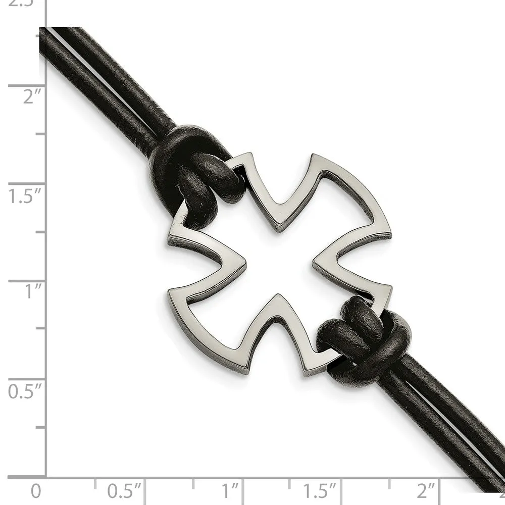 Stainless Steel Polished Cross Black Leather Bracelet
