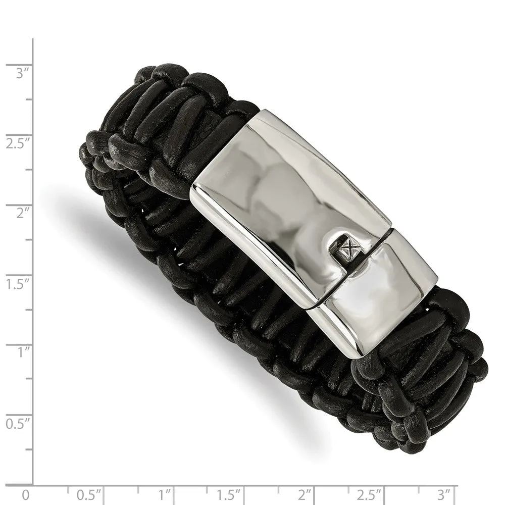 Stainless Steel Polished Rounded Braided Black Leather Bracelet
