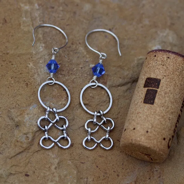 Statement chain earrings with sapphire blue Swarovski crystals