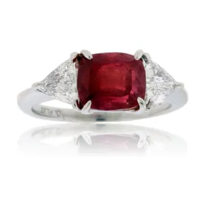 Step-Cut Red Emerald and Diamond Three Stone Ring