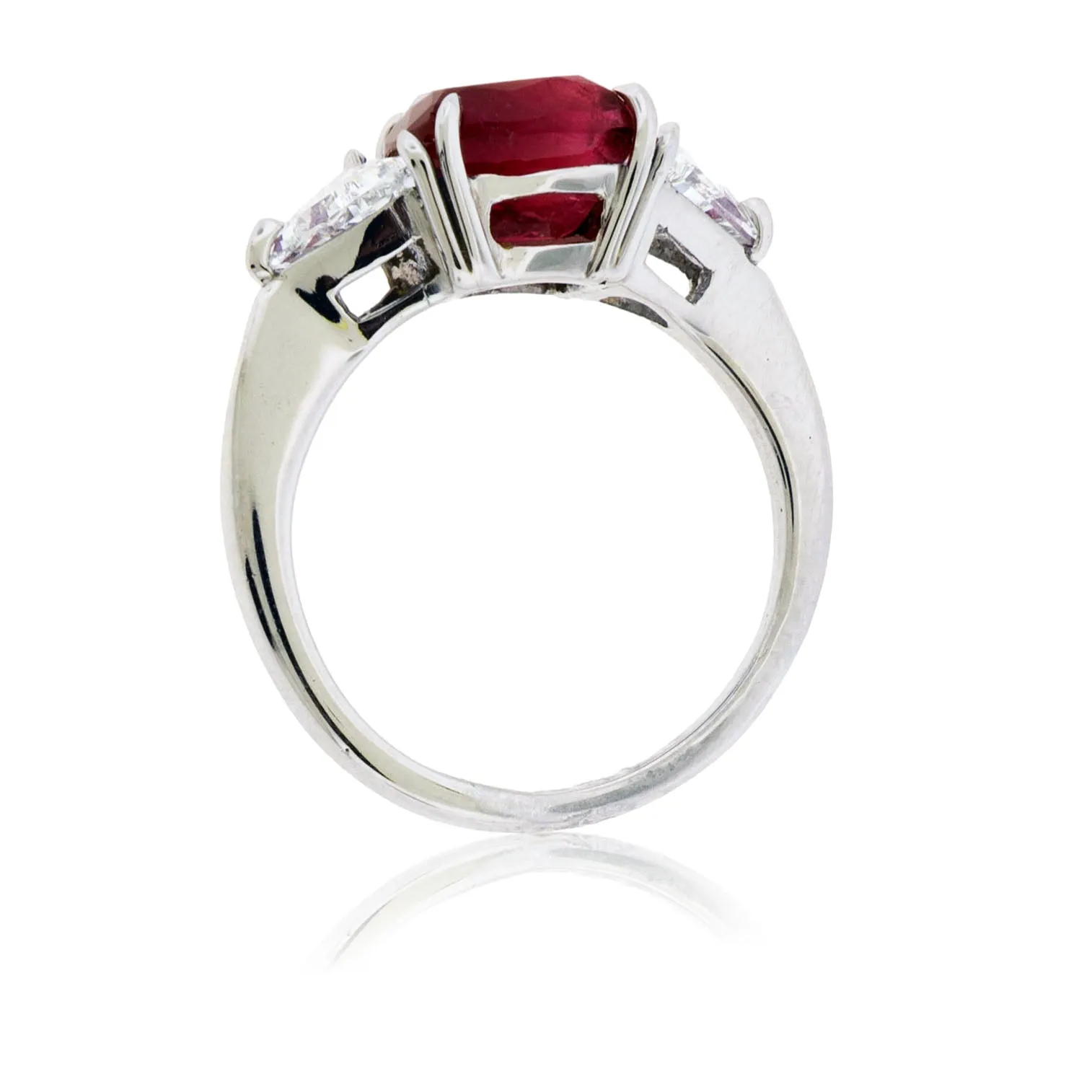 Step-Cut Red Emerald and Diamond Three Stone Ring
