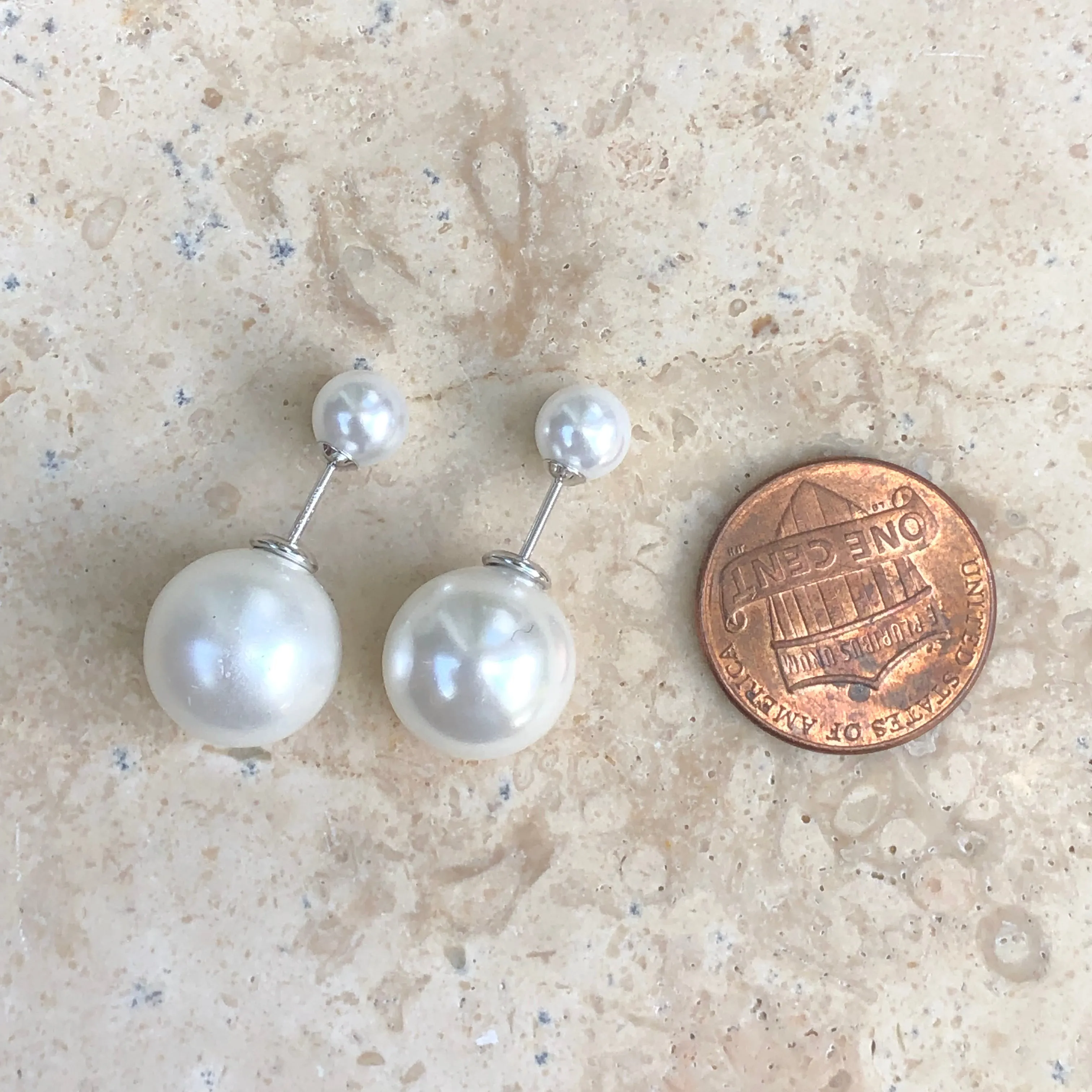 Sterling Silver Double-End White Pearl Earrings
