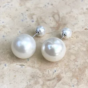 Sterling Silver Double-End White Pearl Earrings