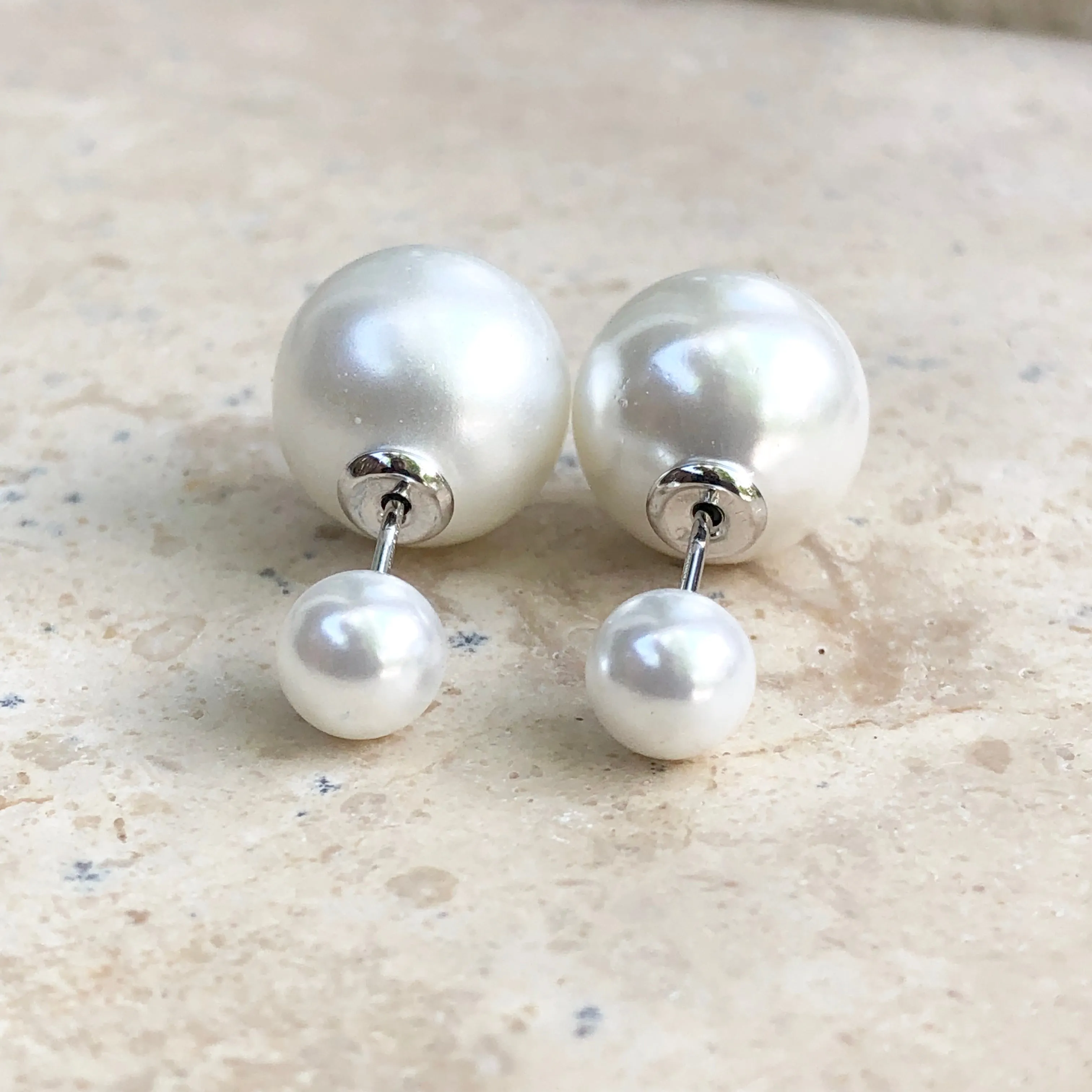 Sterling Silver Double-End White Pearl Earrings
