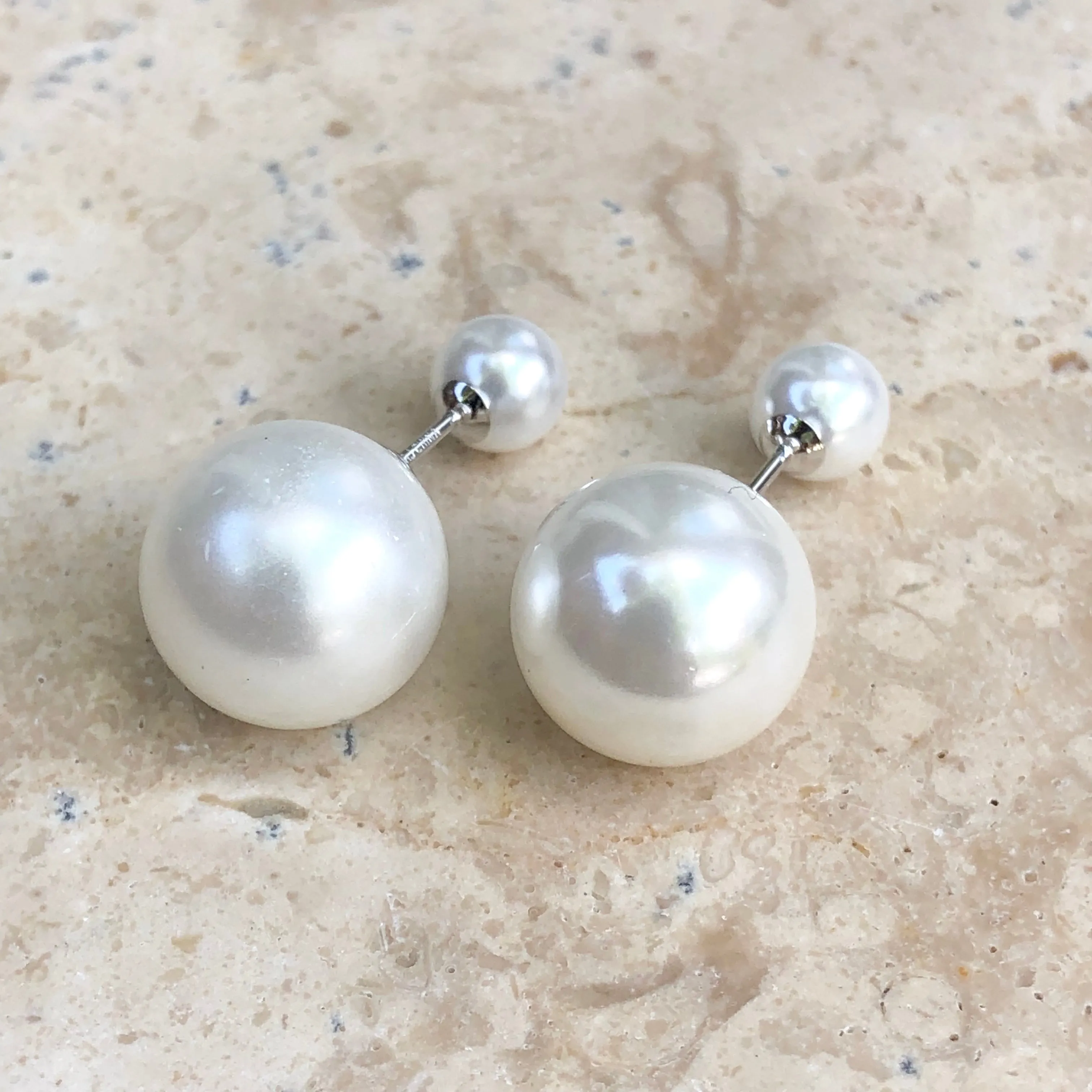 Sterling Silver Double-End White Pearl Earrings