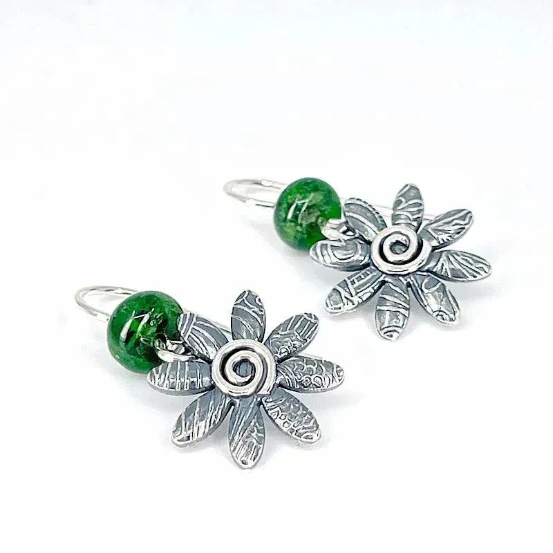 Sterling Silver Flower Earrings with Chrome Diopside