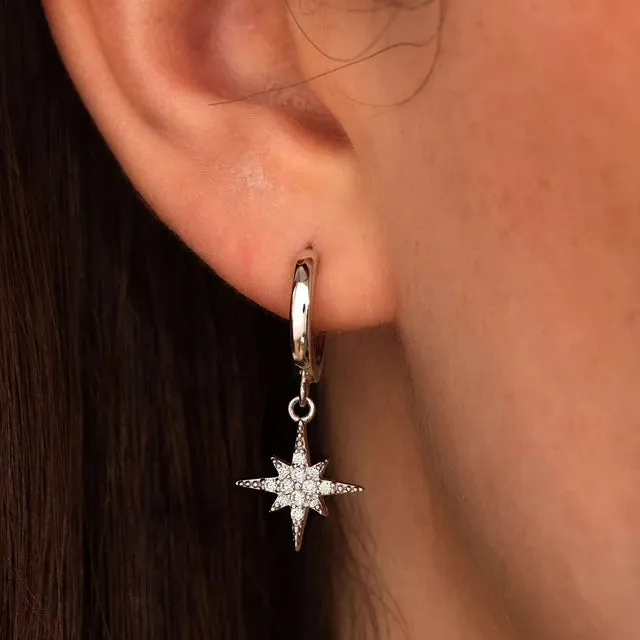 Sterling Silver Rhodium Plated & Cubic Zirconia Star Starburst Hoop Dangle Earrings