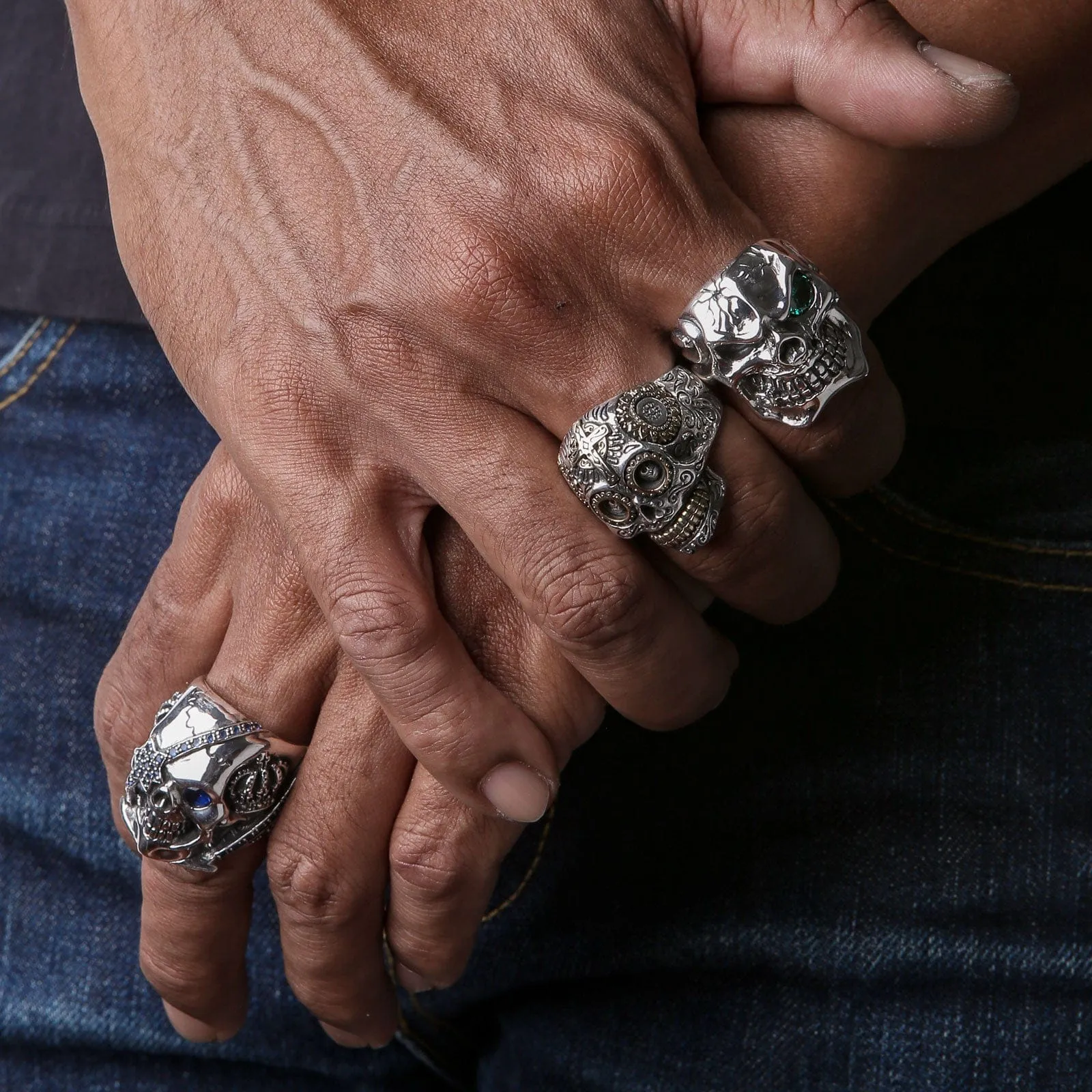 Sterling Silver Sapphire Crown Pirate Skull Rings