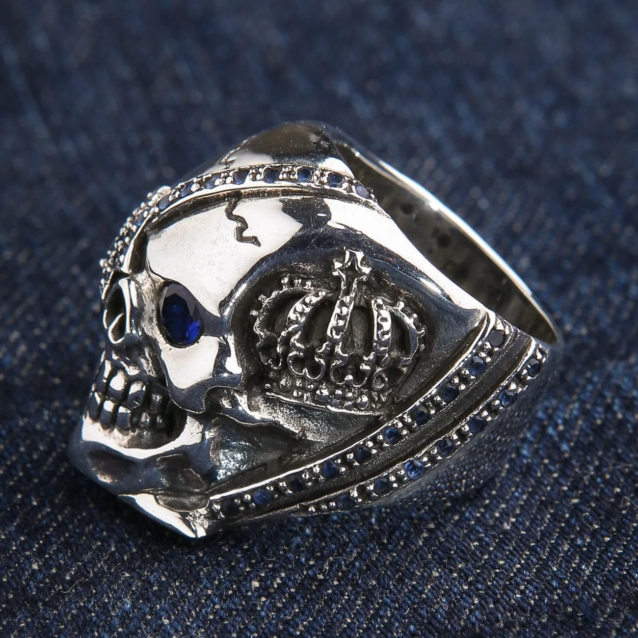 Sterling Silver Sapphire Crown Pirate Skull Rings