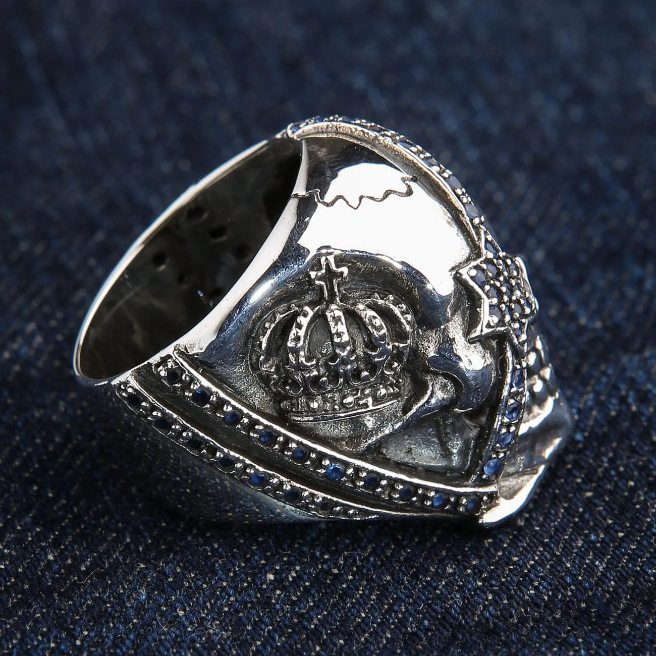 Sterling Silver Sapphire Crown Pirate Skull Rings