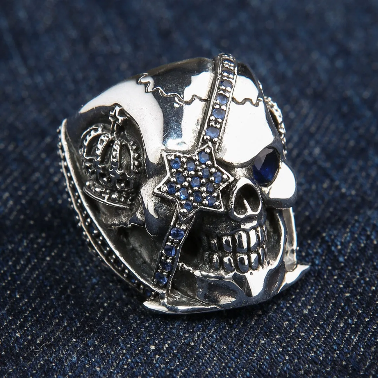 Sterling Silver Sapphire Crown Pirate Skull Rings