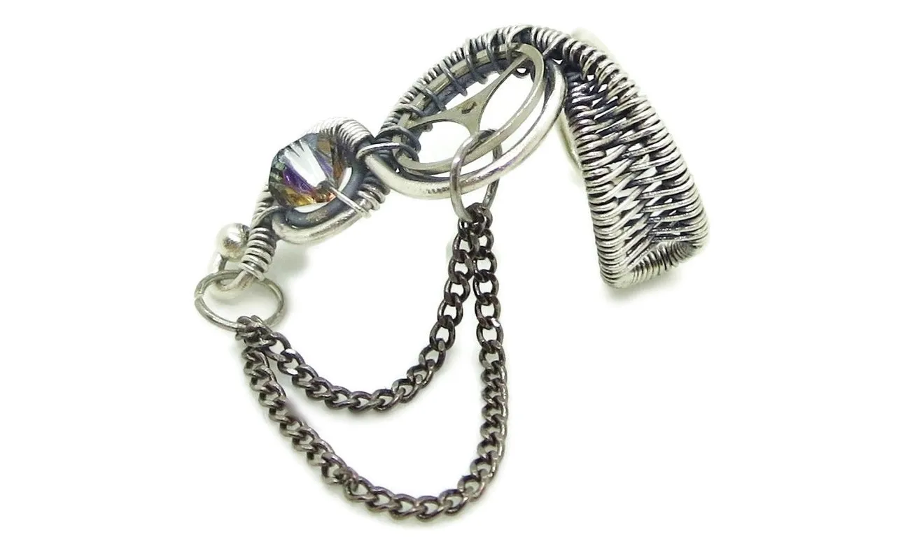 Sterling Silver Steampunk Ear Cuffs with Chain and Swarovski Crystal