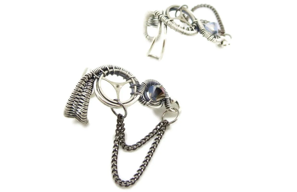 Sterling Silver Steampunk Ear Cuffs with Chain and Swarovski Crystal