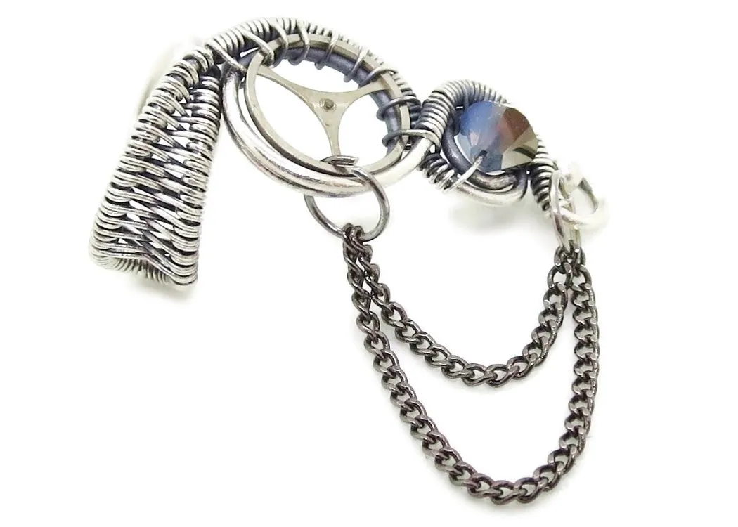 Sterling Silver Steampunk Ear Cuffs with Chain and Swarovski Crystal